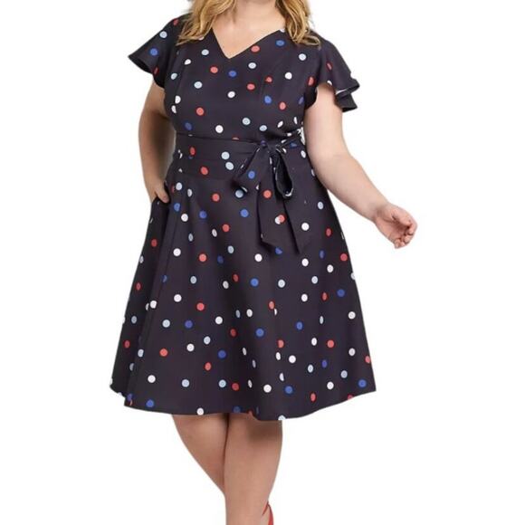 Lane Bryant 22 polka dot flutter sleeve fit and flare dress pockets D1 2749 - Picture 1 of 10